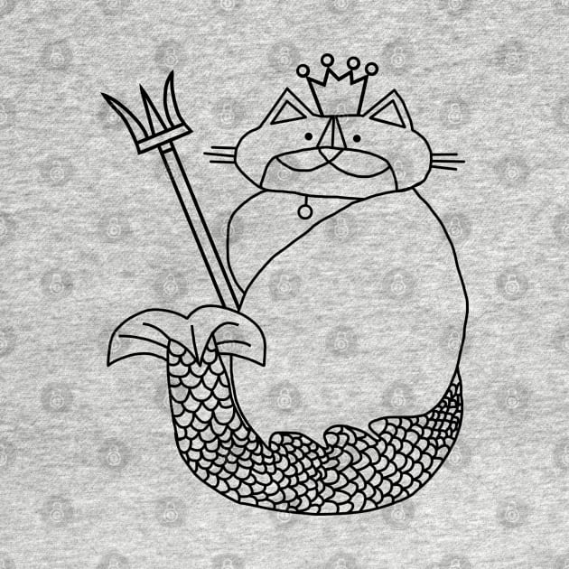 Kevin the Cat Mermaid King Black Line Drawing by ellenhenryart